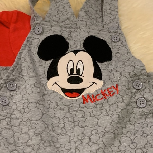 Disney Baby Red Onesie and Gray Mickey Mouse Shorts Overalls Size 24M - Picture 2 of 9